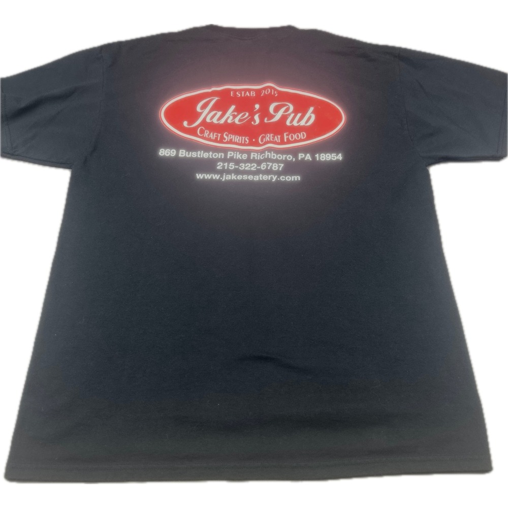 Jerzees Mens Jake's Pub Richboro PA Graphic T-Shirt Large Black Short Sleeve Tee
